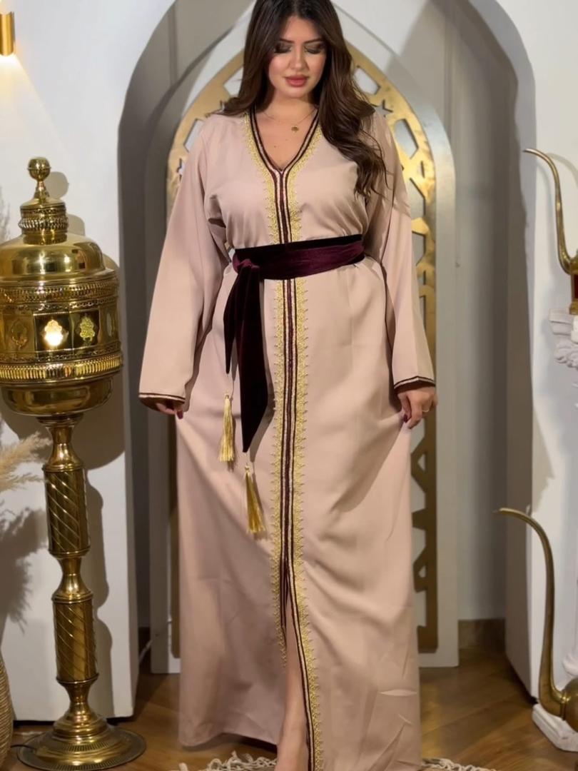 Caftan Marocain 2 Pièces Luxe - Robe Orientale Brodée Or - Grande Taille Disponible S à 5XL - Mauve Marron Rouge Brique - الصورة 4