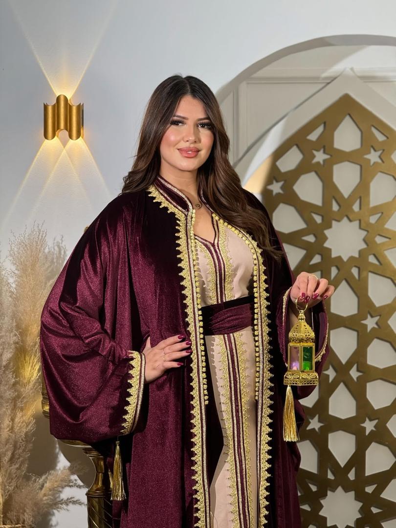 Caftan Marocain 2 Pièces Luxe - Robe Orientale Brodée Or - Grande Taille Disponible S à 5XL - Mauve Marron Rouge Brique - الصورة 6